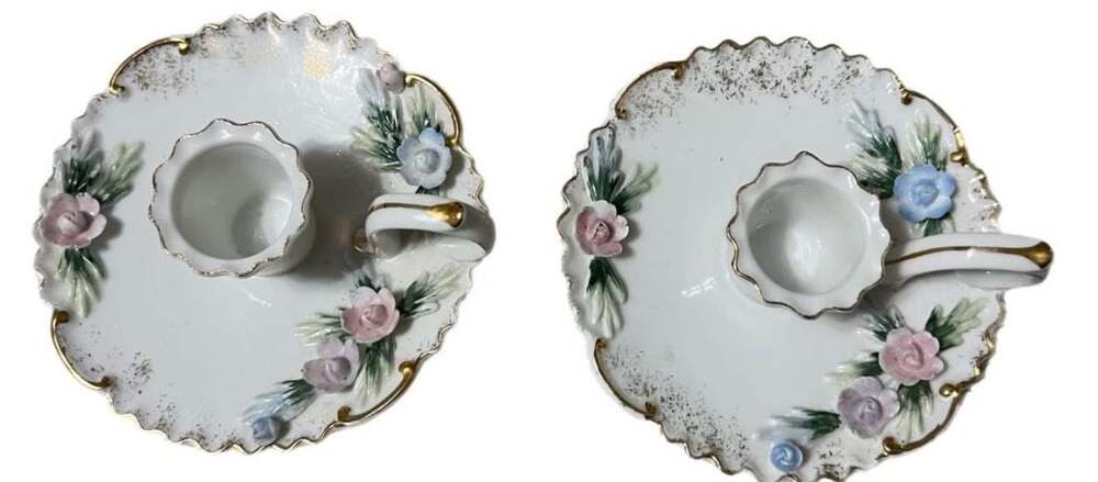 Vintage Lefton Chamberstick Candle Holders pr KW9958 Floral w/Gold Trim